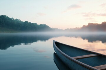 Obraz premium Serene Morning Reflection on Calm Lake with Canoe in Mist