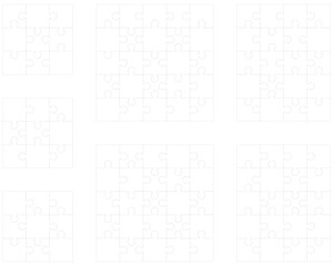 Illustration of seven  white puzzles, separate parts