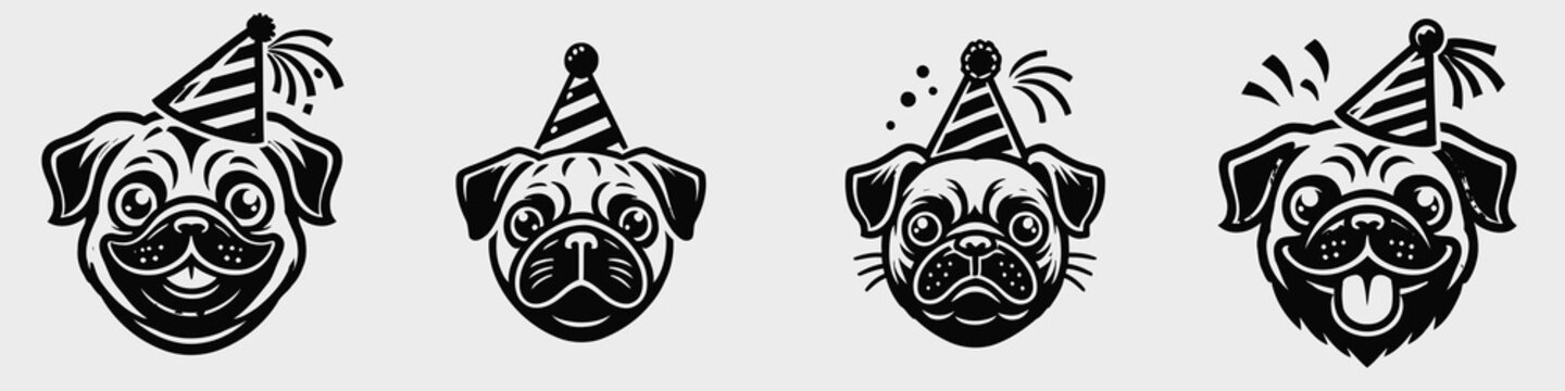 Four cartoon-style pug faces wearing party hats, displaying a range of expressions including happiness, sadness, and excitement.