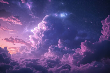 Fototapeta premium Purple sunset cloudscape, starry night sky, cosmic background, fantasy art