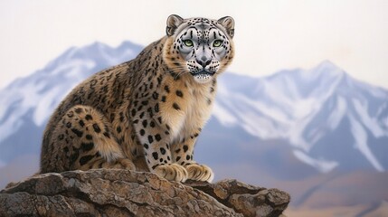 Obraz premium Majestic Snow Leopard Sitting on Rocky Outcrop in Mountain Landscape