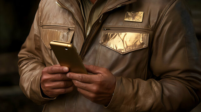 Realistic Image - Man in Brown Leather Jacket Using Gold Phone, Close-up