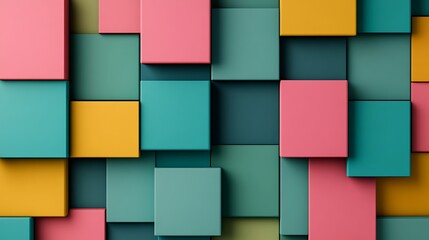 Vibrant Colorful Geometric Pattern of Squares in Shades of Pink, Green, and Yellow for Modern Design Concepts