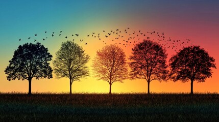 Fototapeta premium A stunning sunset landscape featuring silhouetted trees against a vibrant sky filled with flying birds. This peaceful scene highlights the beauty of nature.