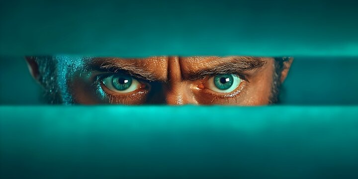A pair of intense eyes peering through a narrow gap, illuminated by a striking blue light, conveying intrigue or tension. Concept Intense Eyes, Narrow Gap, Striking Blue Light, Intrigue, Tension