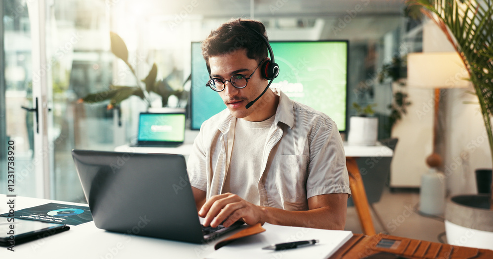 Poster Man, headset and laptop in call center for customer service, assistance and contact in agency. IT guy, tech support and computer in office for help, problem solving and telecommunication for advice