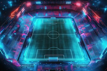 Neon-lit soccer stadium, night game, empty field, vibrant lights, esports background