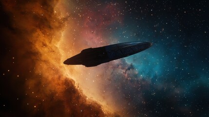 Obraz premium Futuristic Spaceship Gliding through Colorful Cosmic Nebula