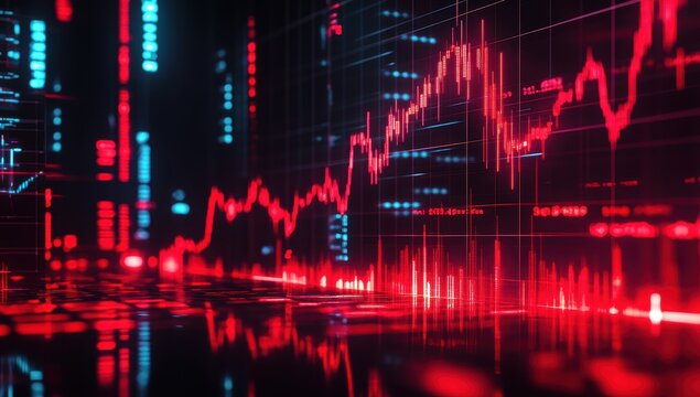 Red stock market graph digital display at night