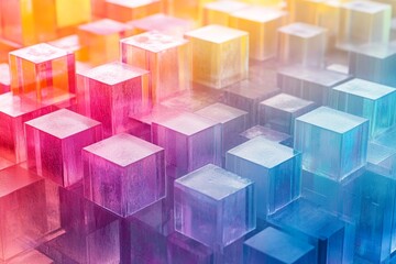 Obraz premium A vibrant and colorful abstract arrangement of transparent cubes showcases a stunning gradient of light and color, creating an eye-catching visual effect.