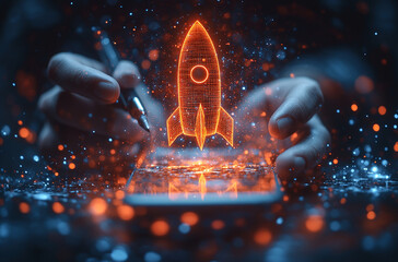 A scientist and a virtual small rocket in the lab.