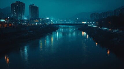 Fototapeta premium Tranquil Cityscape Reflection Under Night Sky with Urban Lights
