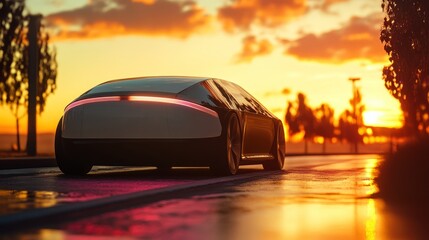 Naklejka premium A futuristic car is driving down a road at sunset. The car is black and has a long hood