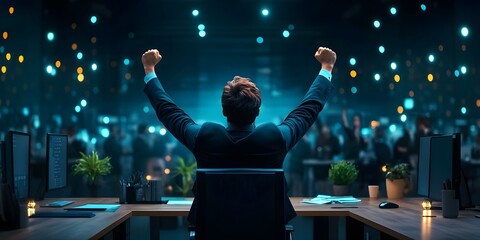 A person in a suit is celebrating with raised arms at a desk, surrounded by a blurred audience and glowing city lights. Concept Success Celebration, Corporate Achievement, Urban Nightlife