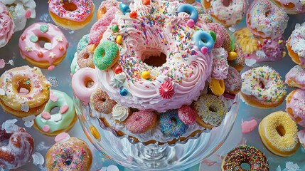 Giant decorated donut cake, surrounded by assorted donuts, on glass pedestal, sweet treats background, food photography