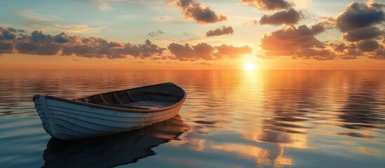 Serene sunset over a calm ocean with dramatic clouds reflecting warm orange and golden hues, featuring a tranquil boat floating peacefully.