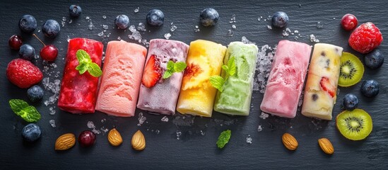 Colorful rolled ice cream varieties displayed on a dark slate plate with fresh fruits and nuts arranged around the vibrant ice cream rolls