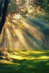 Fototapeta premium Sunbeams in the Forest - Nature's Embrace