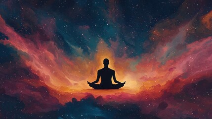 Silhouetted Figure Meditating in Cosmic Colorful Nebula Space