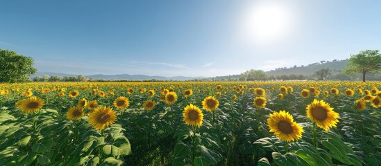 Fototapeta premium Vivid sunflower field stretching under a bright blue sky with the sun shining overhead creating a warm summer atmosphere in nature setting
