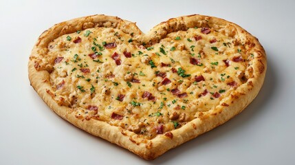 Heart-shaped pizza topped with cheese, chicken, and bacon. Perfect for a romantic meal or special occasion!