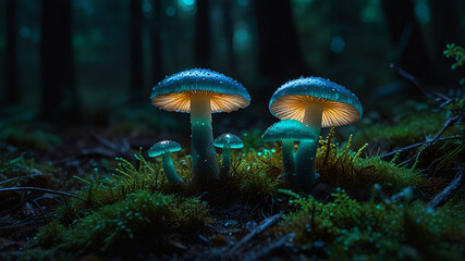 Fototapeta premium Glowing mushrooms light up a magical forest with an emerald-green glow. The largest shroom shines brightly, illuminating the mossy ground. A dreamy magical background enhances the mystical ambiance.