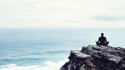 Solitary Meditation by the Sea on a Cliff Overlooking the Ocean