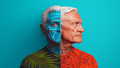 Cultural Diversity. Elderly man with half face painted in tribal design, vibrant background