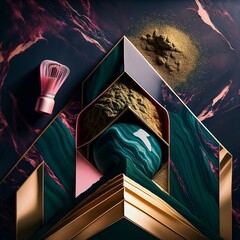 A high-end luxury matcha brand poster with a black marble background and deep emerald green and pink accents. The matcha tin, pink matcha whisk