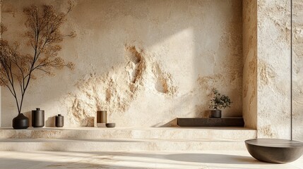 3D render of beige stone slabs for a product display on a natural stone wall, minimalist and elegant design