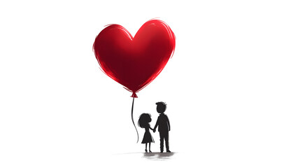 Cute Valentine's Day card with a cartoon couple holding hands under a heart-shaped balloon isolated on white background in HD