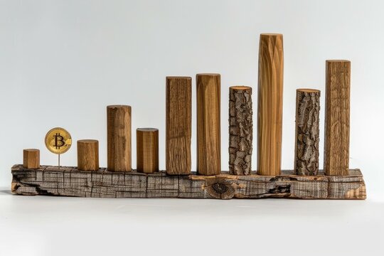 Golden bitcoin standing on increasing height graph made of wooden blocks - Powered by Adobe