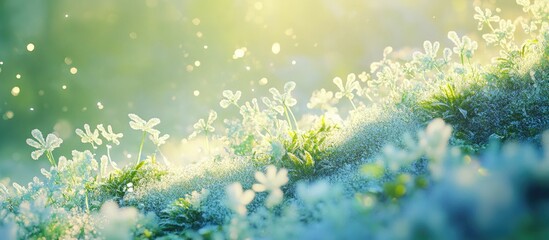 Fototapeta premium Sunlit meadow with delicate flowers in shades of white and green, glowing against a soft blurred background of warm golden light.