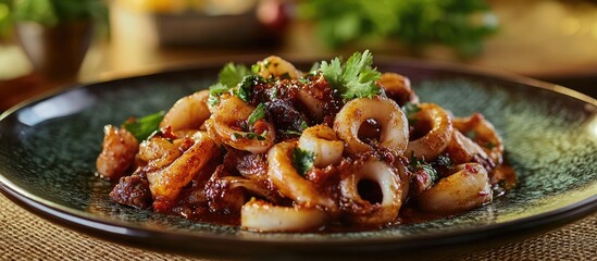 Spicy calamari dish garnished with fresh herbs served on a dark green plate with a textured background highlighting the flavors and presentation.