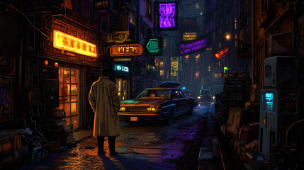 Mystery Unfolds in a Dimly Lit Alleyway With Vibrant Neon Signs Illuminating the Urban Night. Generative AI