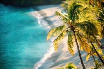 Fototapeta premium Tropical beach, palm trees, ocean waves, aerial view, vacation paradise