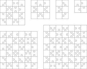 Illustration of six white puzzles, separate parts	