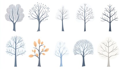 Winter trees illustration, various shapes, white background, design element