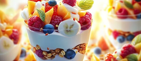 Vibrant fruit yogurt parfait with layers of granola topped with fresh berries banana and mint leaves in bright sunlight background