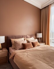 Close-up of doble bed in bedroom in Mocha mousse colors. 2025 trend. Generated image
