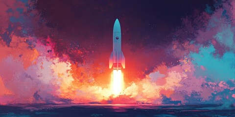 Obraz premium Rocket Launch into the Colorful Sky