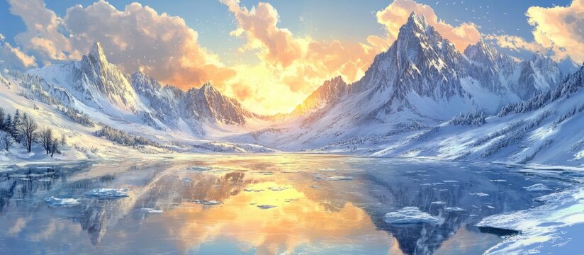 Golden sunset over a serene icy lake reflects majestic snowy mountains and vibrant clouds in shades of blue and orange, creating a picturesque vista.