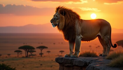 Majestic African Lion at Sunset Serengeti Savanna Landscape