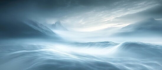 Misty landscape with ethereal water vapor rising in soft shades of blue and gray; serene atmosphere evoking tranquility and natural beauty.