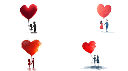 Cute Valentine's Day card with a cartoon couple holding hands under a heart-shaped balloon isolated on white background in HD