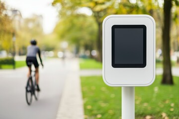 Fototapeta premium Future consumer sustainability concept. Cyclist near a digital kiosk in a park setting with trees.