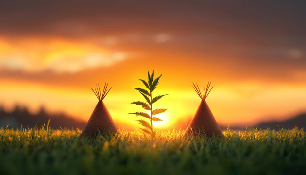Cultural Diversity. Sunset over grass field with two teepees and plant in center