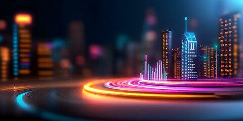 A vibrant, futuristic cityscape with colorful lights and a dynamic road, conveying a sense of motion and modernity. Concept Futuristic Architecture, Vibrant City Lights, Dynamic Road Design