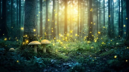 Obraz premium Enchanting Firefly Forest Mushrooms Glow Magic