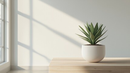 Future lifestyle minimal concept. Minimalist indoor plant on a wooden table with soft light and shadows.